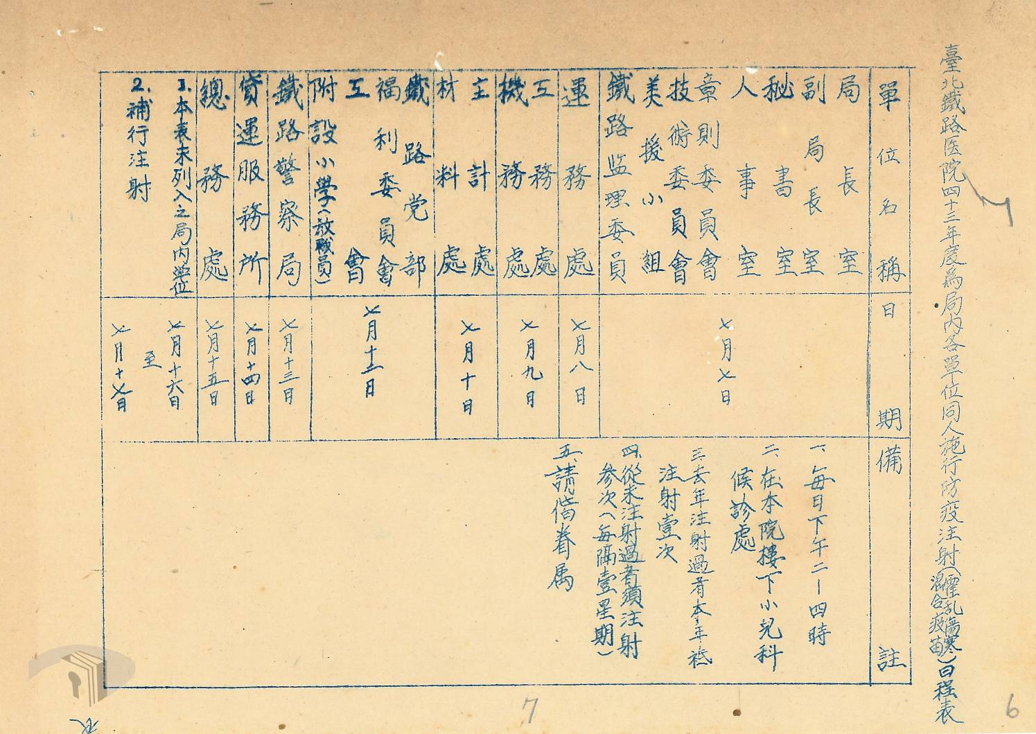 臺北鐵路醫院施行防疫注射日程表